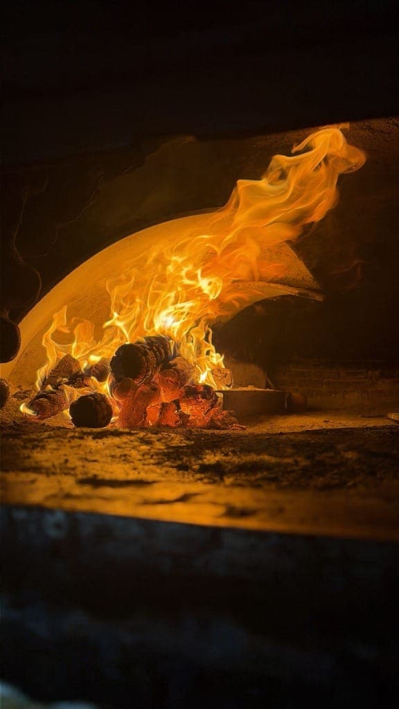 Llamas vivas de leña de encina dentro del horno de asar tradicional